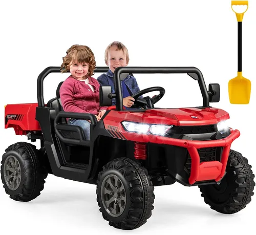 Miniatura 14 de Costzon Camión volquete con control remoto, UTV eléctrico de 12 V para niños con cama volquete eléctrica, función de balanceo, pala, 4 suspensiones