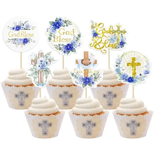 Miniatura 10 de Gyufise 25 adornos para magdalenas de la primera comunión con purpurina para la primera comunión, decoración para tartas de la primera comunión