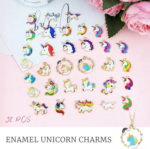 Miniatura 3 de YETOOME 32 dijes de unicornio esmaltados chapados en oro, accesorios surtidos de unicornio para hacer joyas, collares, pulseras, aretes, accesorios