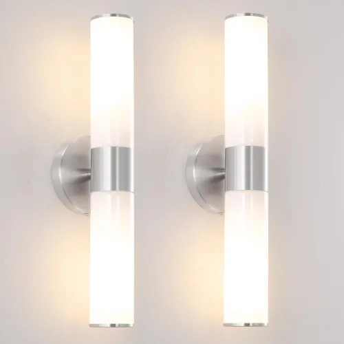 Juego de 2 apliques de pared de níquel cepillado (solo cableado), lámparas de tocador de baño, modernas luces de pared cilíndricas de vidrio para