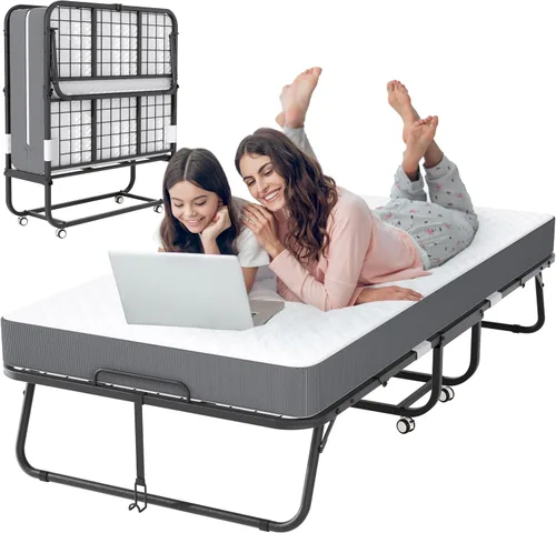 INTERGREAT Cama plegable, cama portátil de tamaño individual de 75 x 38 pulgadas para adultos, camas plegables de metal para huéspedes con ruedas,