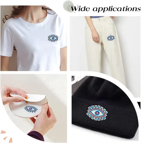 Miniatura 6 de AHANDMAKER 16 parches con patrón de ojos para ropa, apliques azules contra el mal de ojo, parches bordados para coser con hierro para ropa, Ojo Azul