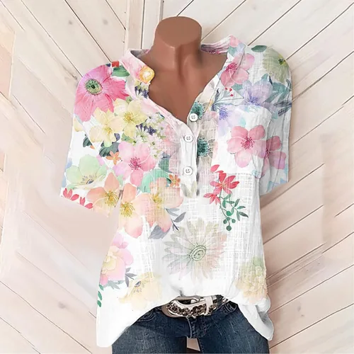 Miniatura 6 de Blusas de verano para mujer, cuello en V, ajuste holgado, cómodas, de algodón, lino, estampado floral, blusas a la moda 2023