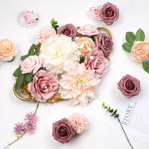 Miniatura 4 de AmyHomie - Juego de flores artificiales color rosa pálido y champán, flores de seda falsas, peonías, rosas con tallo para bricolaje, ramos de boda