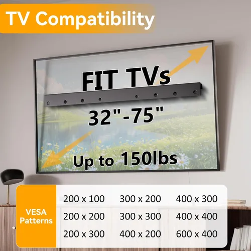 Miniatura 2 de Soporte de pared para TV sin tachuelas, soporte de TV inteligente sin taladros para televisores de 32 a 75 pulgadas, soporta hasta 150 libras
