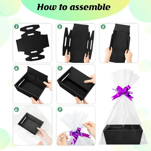 Miniatura 3 de Fainne 74 cestas vacías a granel para regalos, cesta de regalo vacía a granel, incluye 20 bandejas de cartón kraft con asas, 30 bolsas, 24 lazos