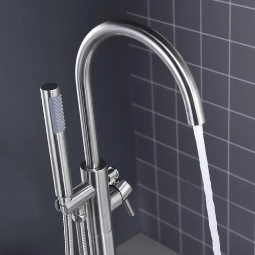 Miniatura 4 de Grifo de Bañera Independiente Relleno de Tina Grifo de Bañera de Montaje en Piso de Níquel Cepillado Manija Única Grifo de Latón con Ducha de Mano