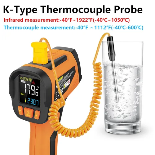 Miniatura 2 de Termómetro infrarrojo TEMIRUP de 40 ℉ a 1922 ℉ con sonda de termopar, termómetro de alta temperatura pirómetro 30:1 para horno de cocina, motor