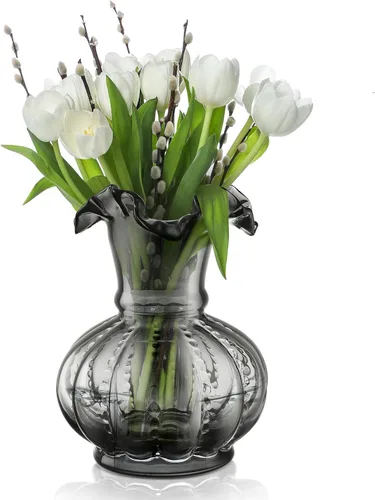 Joeyan Florero de cristal gris hecho a mano, 7.9 pulgadas, urna decorativa vintage para centros de mesa, ramo de boda, decoraciones de pedestal