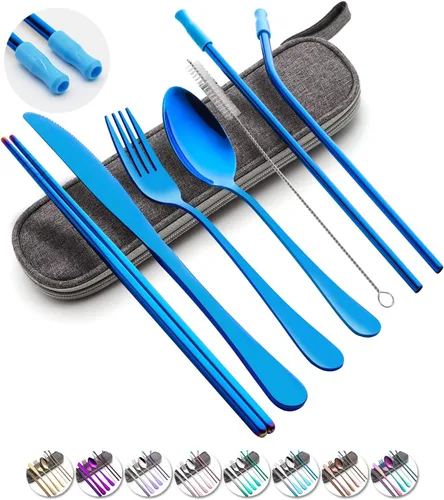 Miniatura 15 de Juego de utensilios de viaje con estuche, juego de cubiertos portátiles reutilizables de acero inoxidable, 8 piezas, incluyendo cuchillo de cena