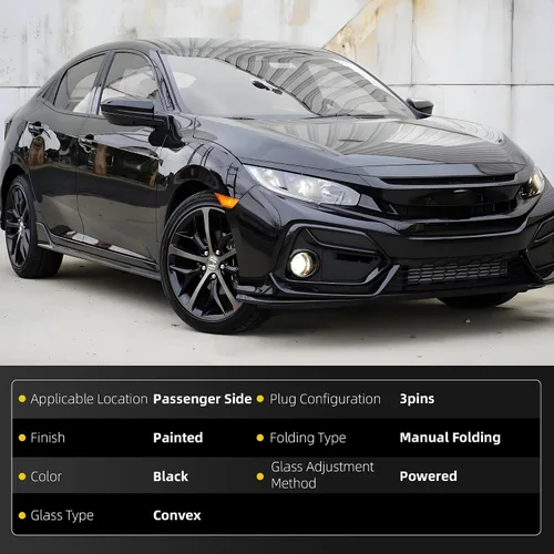 Miniatura 2 de Dasbecan Espejo lateral derecho del lado del pasajero compatible con Honda Civic 2016-2021, vidrio eléctrico no calentado, plegable manual, pintura