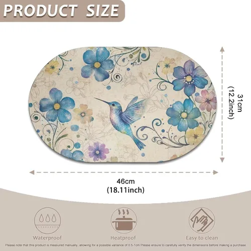 Miniatura 4 de Blue Flower Dining Table Mats Set of 2 Hummingbird Heat Resistant Placemats Washable and Wipeable Non Slip Place Mat, Waterproof Modern Dining Table