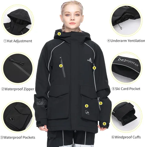 Miniatura 4 de Chaqueta de esquí para snowboard, nieve, invierno, impermeable, aislada, resistente al viento, holgada, cálida con capucha para hombres y mujeres