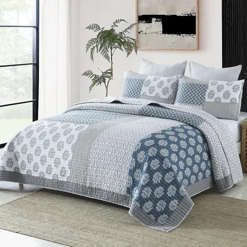 Miniatura 9 de PANGUSHAN Juego de edredón tamaño Queen, 100% algodón, juego de ropa de cama tamaño Queen, juego de edredón reversible floral de retazos