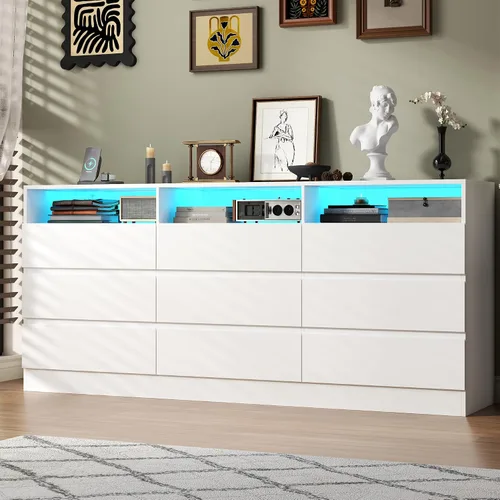 Miniatura 10 de STIKELY Cómoda con cajones para dormitorio con toma de corriente, cómodas negras con luz LED, cómoda para armario, armario organizador de aparadores