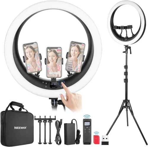 Miniatura 14 de NEEWER Anillo de luz LED RGB de 19 pulgadas con soporte, 3 soportes para teléfono, panel táctil, control de 2.4G/aplicación, 42W CRI97+ 2800lux/1.6