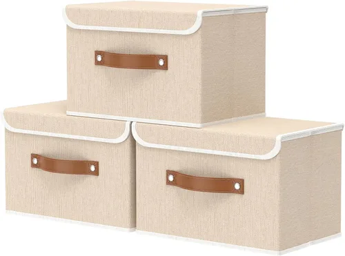 Miniatura 21 de OUTBROS Caja de almacenamiento plegable grande con tapa, organizador de armario de tela de lino, contenedores para toallas, ropa, 15 x 9.8 x 9.8