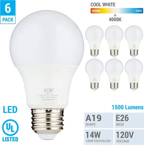 Miniatura 2 de KOR Bombillas LED equivalentes a 100 W, 15 W, 40 K, 1500 lúmenes, blanco frío, 4000 K, no regulables, base estándar A19 E26, 10000 horas de vida