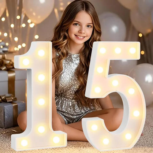 Miniatura 25 de Pooqla Letras y Números Decorativos con Luces LED, Letras y Números de Neón de Plástico Blanco para Decoración de Fiestas, Bodas, Funciona