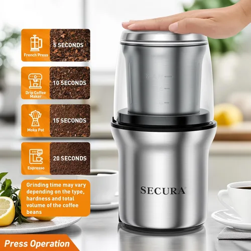 Miniatura 4 de Secura Molinillo de café eléctrico y molinillo de especias con 2 cuchillas de acero inoxidable cuencos extraíbles