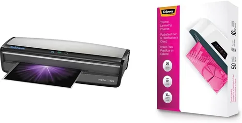 Fellowes Jupiter 2 125 - Laminador con 10 bolsas, 12.5 pulgadas (5734101), negro y gris y 52042 bolsas brillantes, letra de 10 mil 50 unidades
