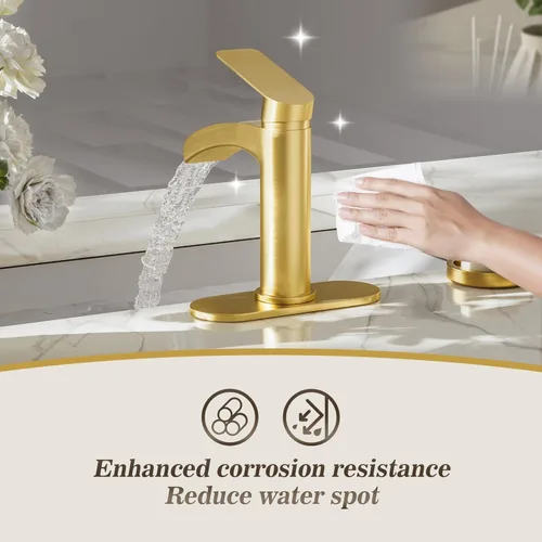 Miniatura 6 de Phiestina Grifo de cascada de una sola manija para lavabo de baño en acabado dorado cepillado, con placa de cubierta de 6 pulgadas, montaje de Oro