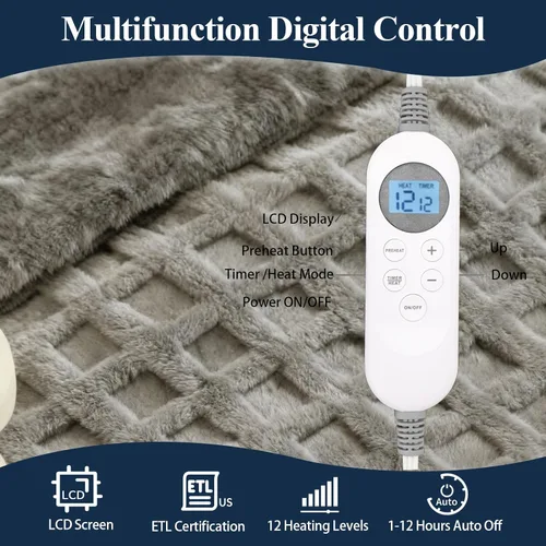 Miniatura 3 de Manta eléctrica térmica de 50 x 60 pulgadas, manta eléctrica de calentamiento rápido con 12 niveles de calor, manta con temporizador de 1-12H