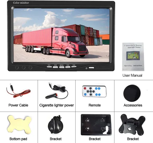 Miniatura 7 de Hikity Monitor de cámara de respaldo de vehículo de 7 pulgadas, pantalla LCD HD dividida cuádruple, monitor de automóvil para SUV, furgoneta, RV