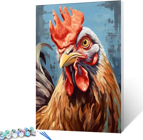 Miniatura 2 de Tucocoo Pintura de gallo rojo por números para adultos, divertida pintura al óleo digital de animales de granja, marco, kits de pintura de pollo