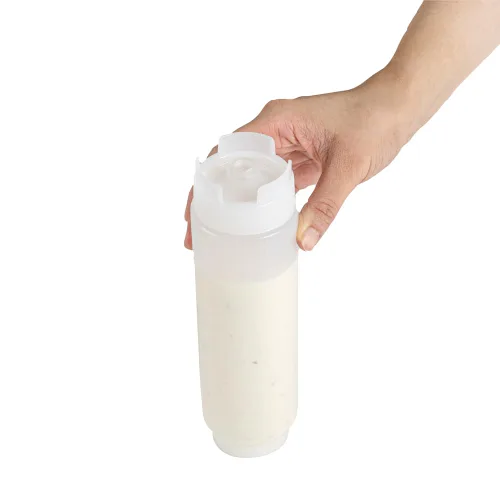 Miniatura 9 de Restaurantware Botella de presión invertida de plástico de 16oz. FIFO con tapas de recarga y dispensación - Primero en entrar, primero en salir