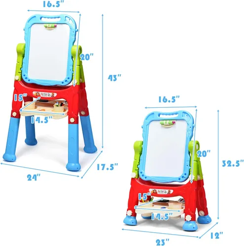Miniatura 7 de Costzon Caballete de arte para niños, altura ajustable con rotación de 360°, tablero de dibujo de doble cara con pizarra y pizarra blanca, juego