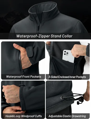 Miniatura 5 de ZITY Chaqueta Softshell Ligera para Hombre con Forro Polar Impermeable Chaqueta de Lluvia con Cremallera Carcasa Suave Cortavientos Rompevientos