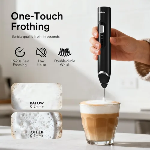 Miniatura 2 de RAFOW Espumador de leche eléctrico de mano: varita espumadora recargable con soporte, 3 velocidades y mezclador de bebidas desmontable de doble