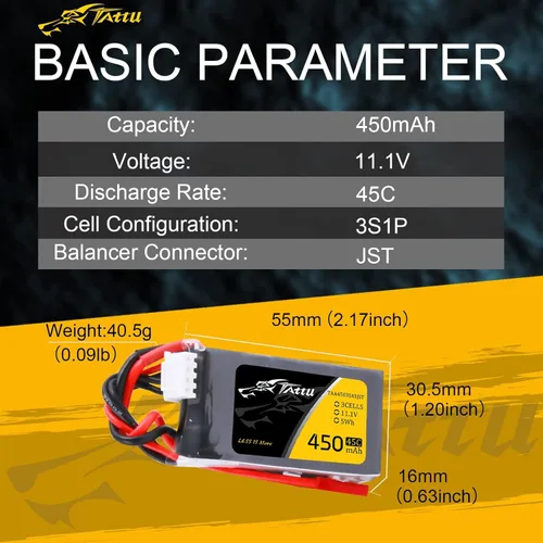 Miniatura 2 de TATTU Batería LiPo de 11.1V 450mAh 3S 45C con enchufe JST (2 piezas)