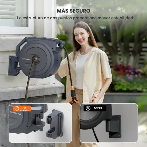 Miniatura 2 de Giraffe Tools Carrete de manguera de pared resistente, manguera retráctil de 5/8 pulgadas x 90 pies con rebobinado automático, giro de 180°, bloqueo