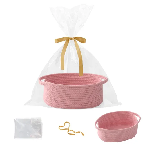 Miniatura 19 de Paquete de 2 canastas pequeñas de cuerda tejida, cesta de regalo vacía con bolsa y cintas, bonita caja organizadora con asa para cumpleaños/baby