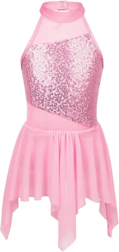 Miniatura 23 de YiZYiF Vestido de baile de lentejuelas para niños y niñas, leotardo de ballet, cuello alto, vestido lírico, traje de rendimiento irregular