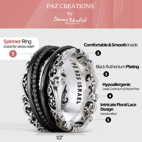 Miniatura 3 de Paz Creations - Anillo giratorio de plata de ley 925 hecho a mano, hipoalergénico, sin níquel ni plomo, fabricado en Israel, plata, oro amarillo