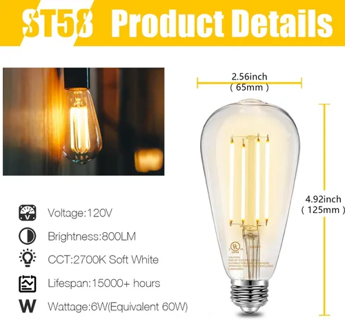 Miniatura 2 de DAYBETTER Bombillas LED Edison vintage, bombilla LED E26 equivalente a 60 W, bombillas LED regulables, alto brillo 6 W 800 LM, blanco cálido 2700 K