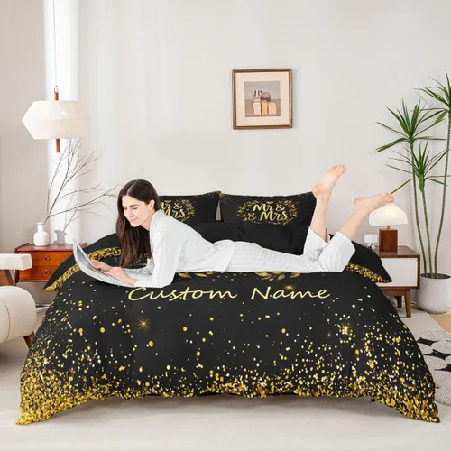 Miniatura 5 de Juego de ropa de cama personalizado con lentejuelas negras y doradas, funda de edredón de corazón dorado con purpurina para mujeres y hombres