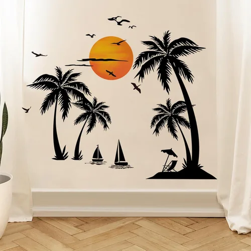 Miniatura 4 de Calcomanías de pared grandes de palmera negra, calcomanías de pared de pájaros tropicales de cocotero, mural de bosque para dormitorio, sala