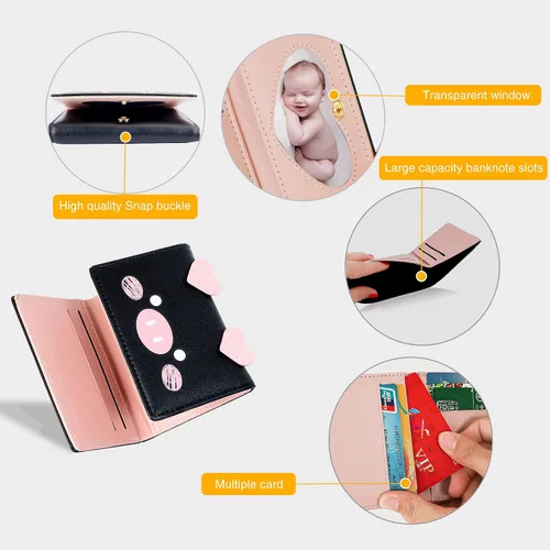 Miniatura 54 de CONISY Lindas carteras para mujer, de cuero con bloqueo RFID, pequeña cartera triple con ventana de identificación para niñas y mujeres