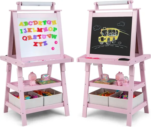 Miniatura 12 de Caballete de arte HONEY JOY para niños, caballete doble de 3 en 1 para niños pequeños de madera con pizarra blanca magnética y pizarra, rollo