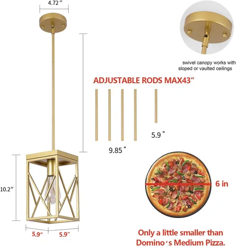 Miniatura 8 de Fivess Lighting - Lámpara colgante moderna de oro con jaula de metal, lámpara colgante mini con varillas ajustables de una luz para cocina, isla