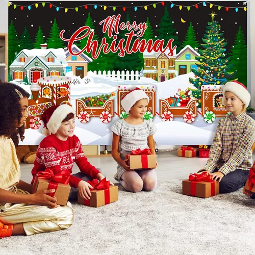 Miniatura 4 de Cartel de Feliz Navidad, extra grande, tela de Navidad, suministros de decoración de fiesta de Año Nuevo, suministros de tren de Navidad, cabina