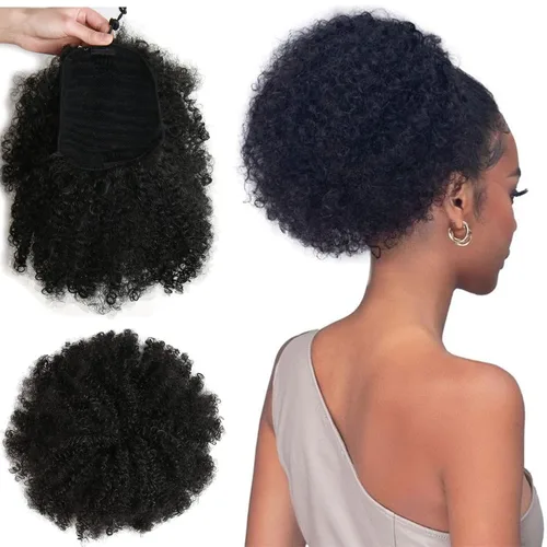 Miniatura 14 de Extensión de cola de caballo afro rizada encrespada con cordón para mujeres, cola de caballo afro con cordón, rizos encrespados sintéticos, piezas
