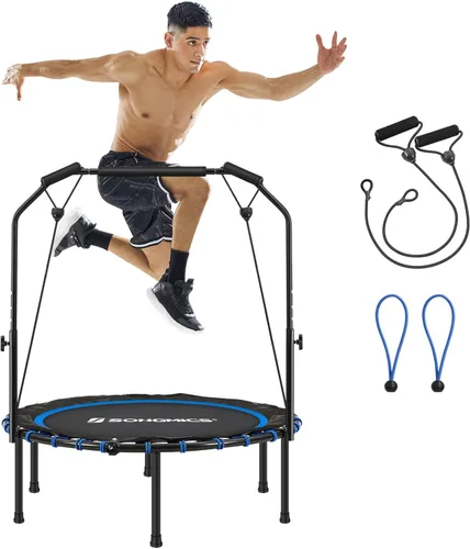SONGMICS Mini trampolín de fitness de 40 pulgadas, rebote de fitness con pasamanos ajustable, trampolín plegable para entrenamiento en casa, carga