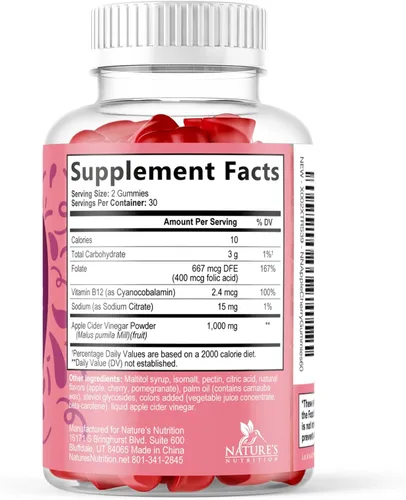 Miniatura 9 de Gomitas de vinagre de sidra de manzana, 1000 mg por porción, suplemento de vitaminas ACV sin azúcar, vitamina B12 y B6 para energía, soporte