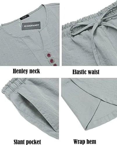 Miniatura 5 de COOFANDY Conjunto de 2 piezas de lino para hombre, camisa Henley de manga corta y pantalones capri harén, pierna ancha, holgados, pantalones de yoga
