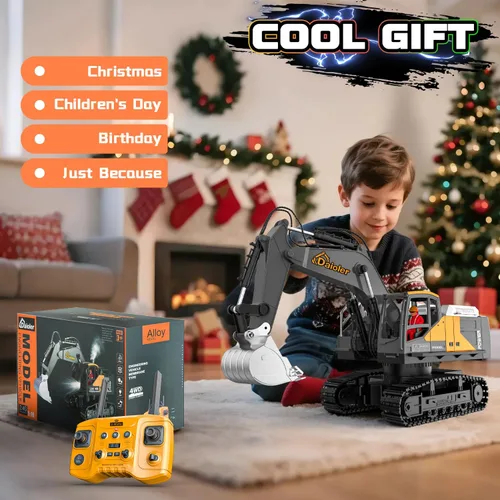Miniatura 5 de Excavadora de juguete a control remoto para niños de 3 años, vehículo de construcción RC con aerosol, batería recargable/rotación de 680°, pala